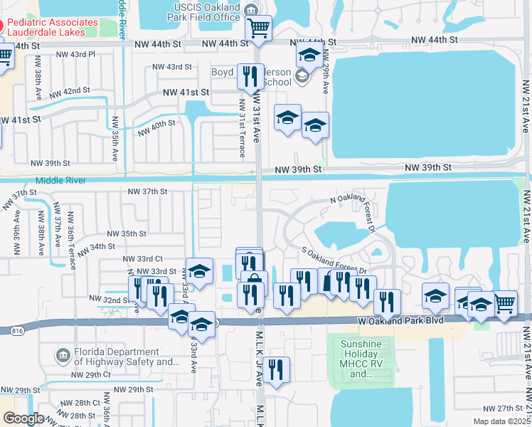 map of restaurants, bars, coffee shops, grocery stores, and more near 3068 South Oakland Forest Drive in Oakland Park