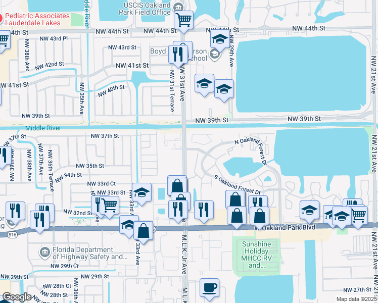map of restaurants, bars, coffee shops, grocery stores, and more near 3068 South Oakland Forest Drive in Oakland Park