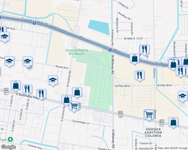map of restaurants, bars, coffee shops, grocery stores, and more near 2205 Plymouth Street in Donna