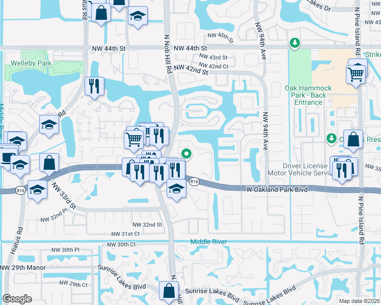 map of restaurants, bars, coffee shops, grocery stores, and more near 9701 West Oakland Park Boulevard in Sunrise