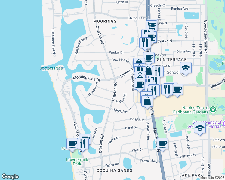 map of restaurants, bars, coffee shops, grocery stores, and more near 479 Rudder Road in Naples