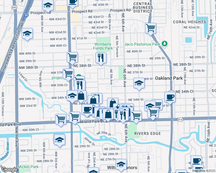 map of restaurants, bars, coffee shops, grocery stores, and more near 499 Northeast 34th Court in Oakland Park