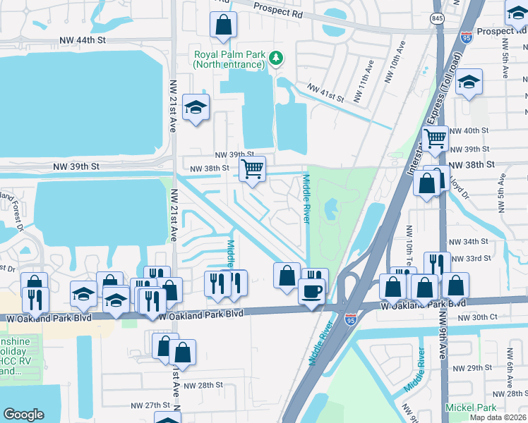 map of restaurants, bars, coffee shops, grocery stores, and more near 1737 Northwest 36th Court in Oakland Park