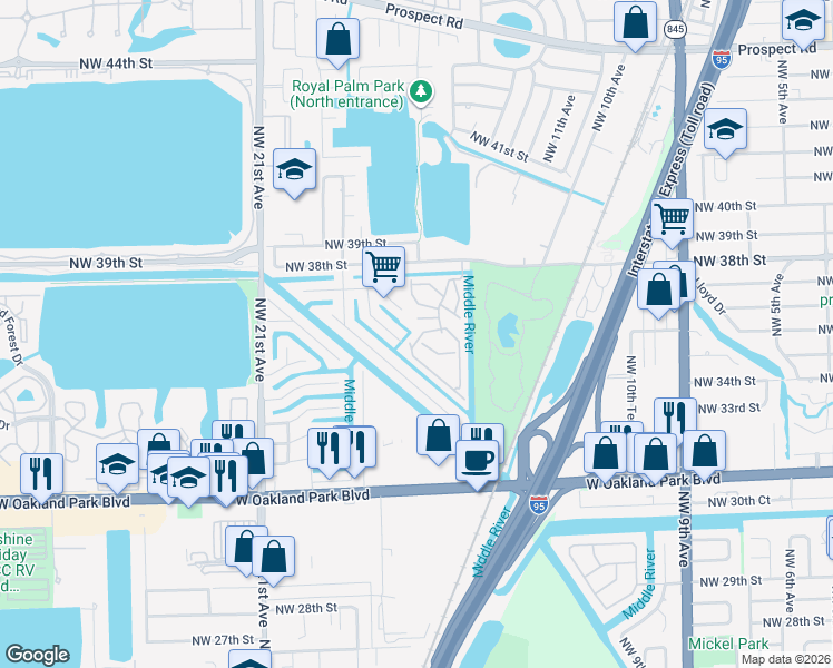 map of restaurants, bars, coffee shops, grocery stores, and more near 116 Royal Park Drive in Oakland Park