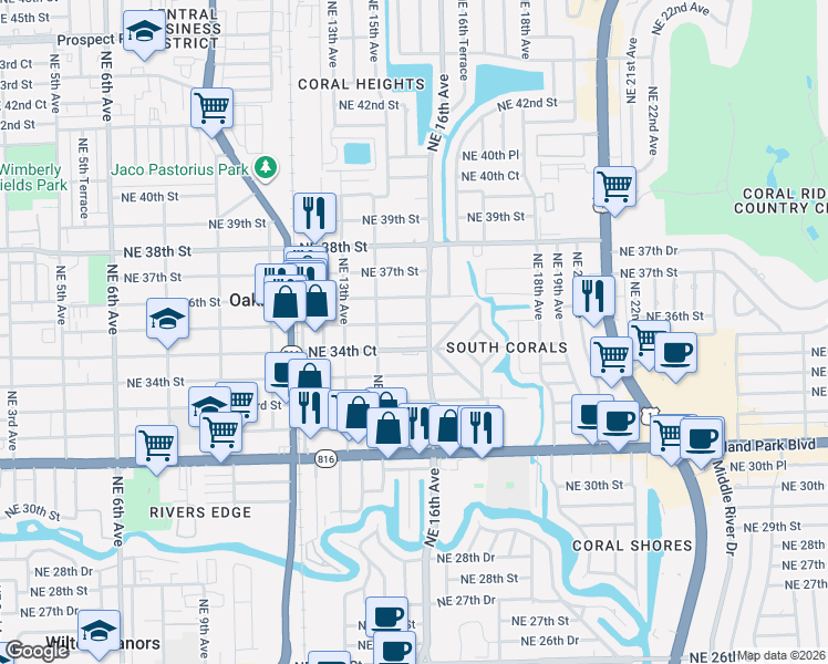 map of restaurants, bars, coffee shops, grocery stores, and more near 1570 Northeast 34th Court in Oakland Park