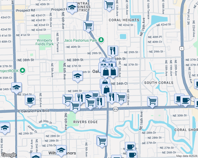 map of restaurants, bars, coffee shops, grocery stores, and more near 1074 Northeast 34th Court in Oakland Park