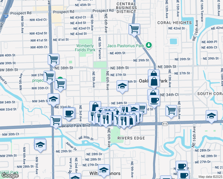 map of restaurants, bars, coffee shops, grocery stores, and more near 699 Northeast 34th Court in Oakland Park