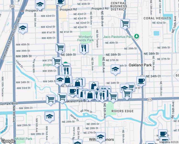 map of restaurants, bars, coffee shops, grocery stores, and more near 499 Northeast 34th Court in Oakland Park