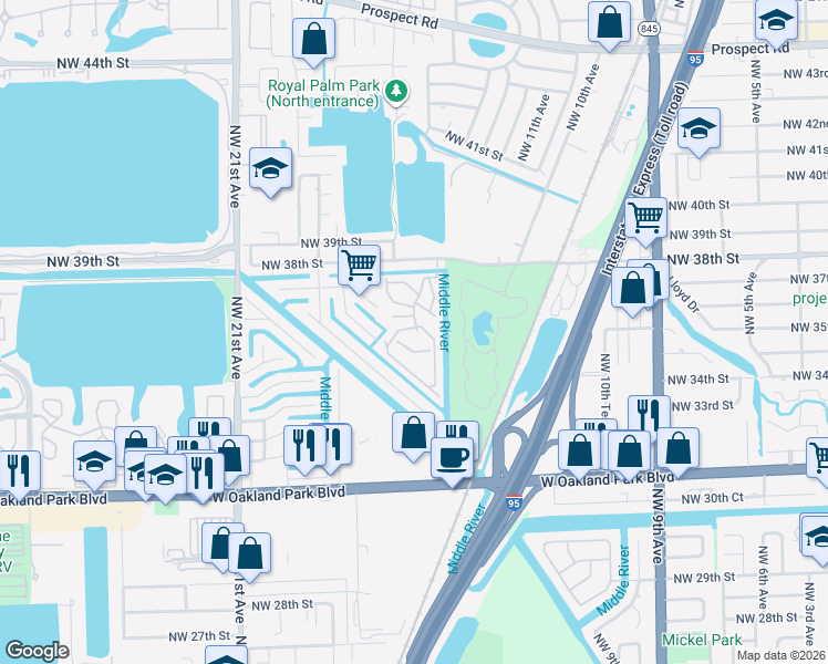 map of restaurants, bars, coffee shops, grocery stores, and more near 116 Royal Park Drive in Oakland Park