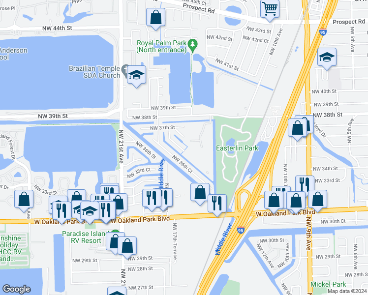 map of restaurants, bars, coffee shops, grocery stores, and more near 1737 Northwest 36th Court in Oakland Park