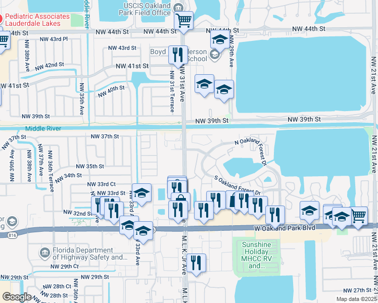 map of restaurants, bars, coffee shops, grocery stores, and more near 3068 South Oakland Forest Drive in Oakland Park