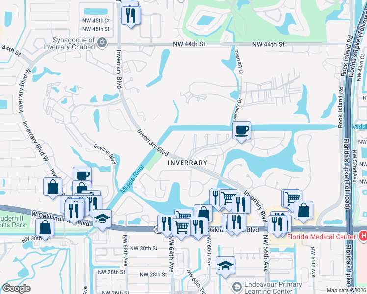 map of restaurants, bars, coffee shops, grocery stores, and more near 3772 Inverrary Boulevard in Lauderhill