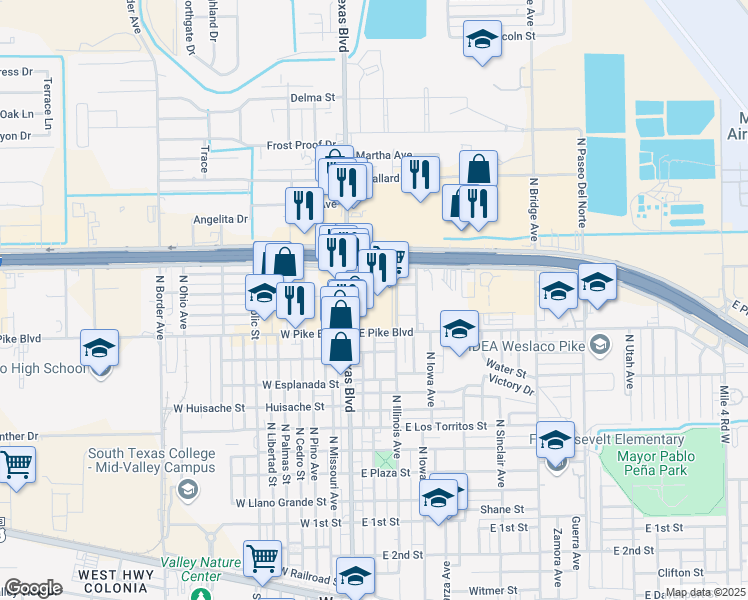 map of restaurants, bars, coffee shops, grocery stores, and more near 1004 Texas Boulevard North in Weslaco