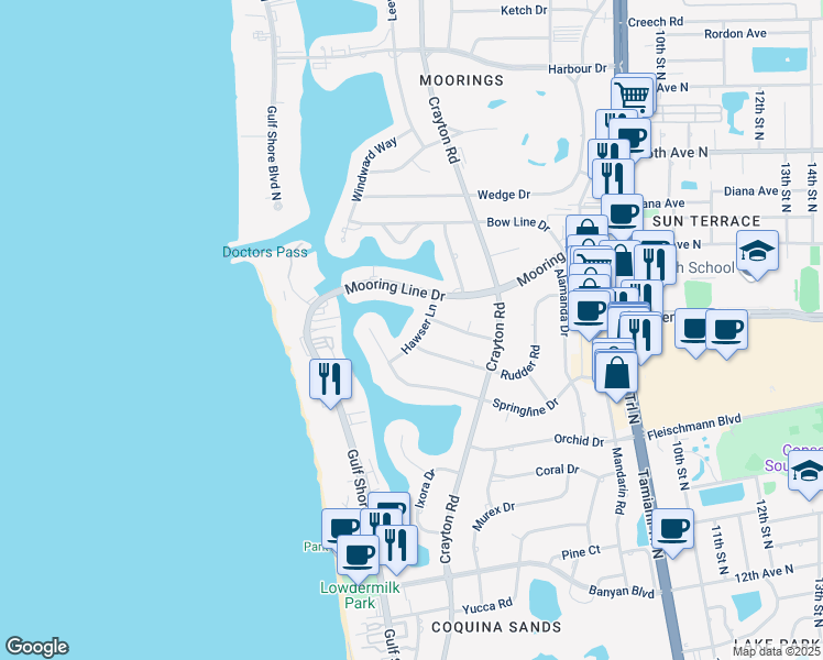 map of restaurants, bars, coffee shops, grocery stores, and more near 345 Hawser Lane in Naples