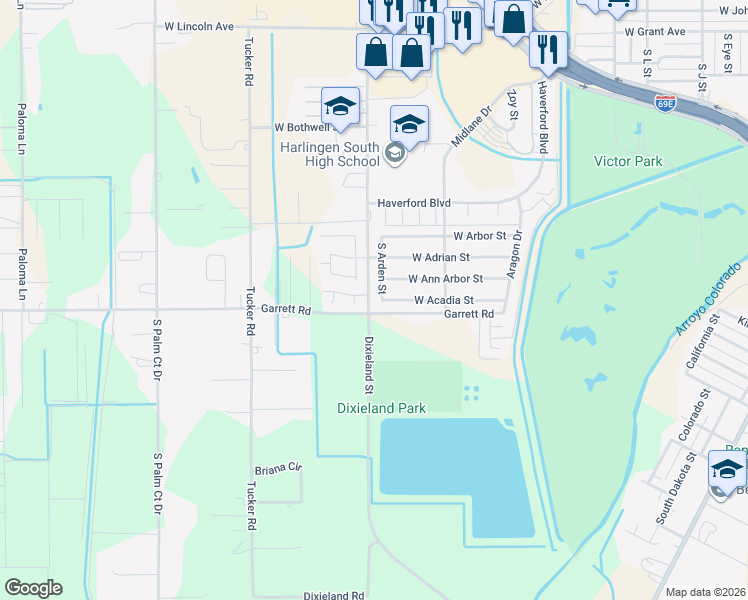 map of restaurants, bars, coffee shops, grocery stores, and more near 2125 South Arden Street in Harlingen