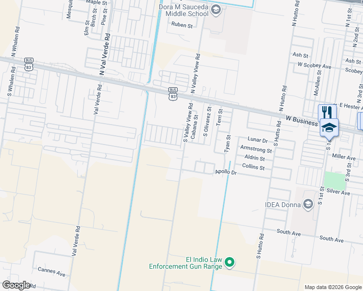 map of restaurants, bars, coffee shops, grocery stores, and more near 402 North Valley View Road in Donna