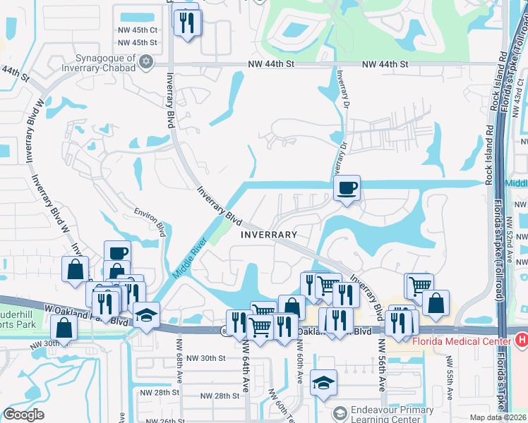 map of restaurants, bars, coffee shops, grocery stores, and more near 3772 Inverrary Boulevard in Lauderhill