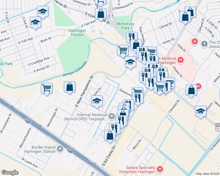 map of restaurants, bars, coffee shops, grocery stores, and more near 1010 Blue Bonnet Drive in Harlingen