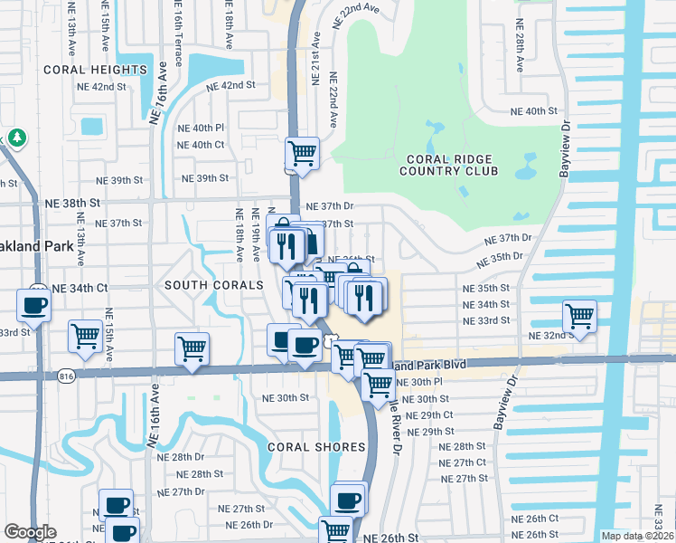 map of restaurants, bars, coffee shops, grocery stores, and more near 3511 Northeast 22nd Avenue in Fort Lauderdale