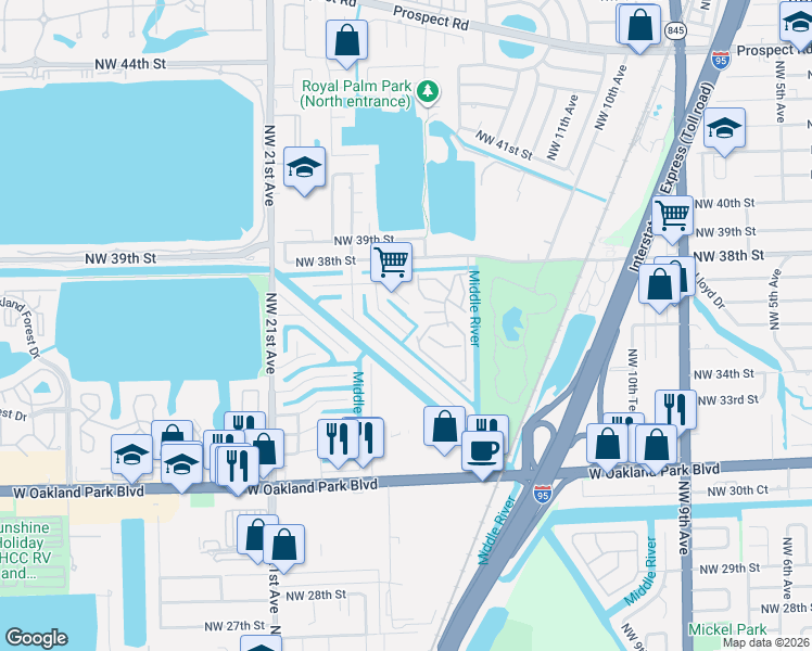 map of restaurants, bars, coffee shops, grocery stores, and more near 3665 Northwest 17th Way in Oakland Park