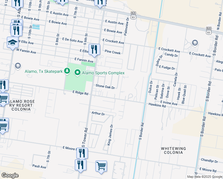 map of restaurants, bars, coffee shops, grocery stores, and more near 823 Red Bud Drive in Alamo
