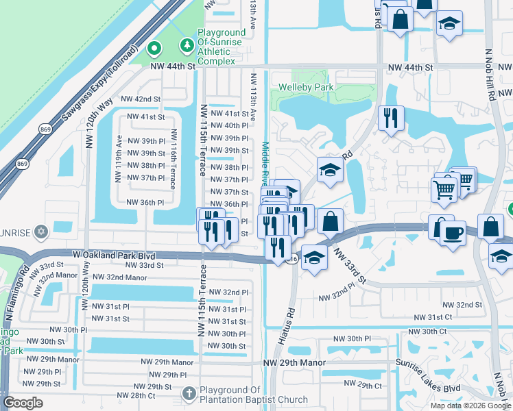 map of restaurants, bars, coffee shops, grocery stores, and more near 3541 Northwest 111th Terrace in Sunrise