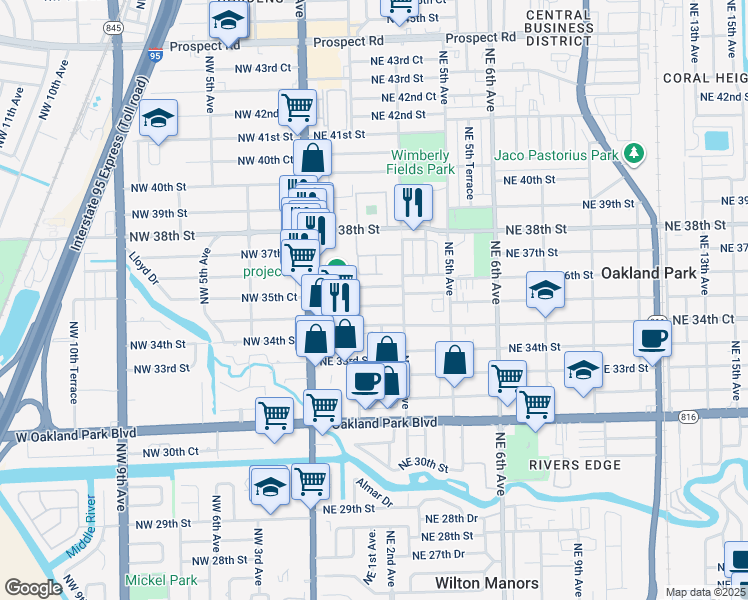 map of restaurants, bars, coffee shops, grocery stores, and more near 221 Northeast 35th Street in Oakland Park