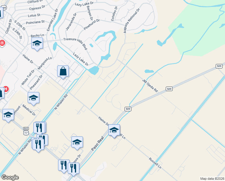map of restaurants, bars, coffee shops, grocery stores, and more near 3598 Treasure Hills Boulevard in Harlingen