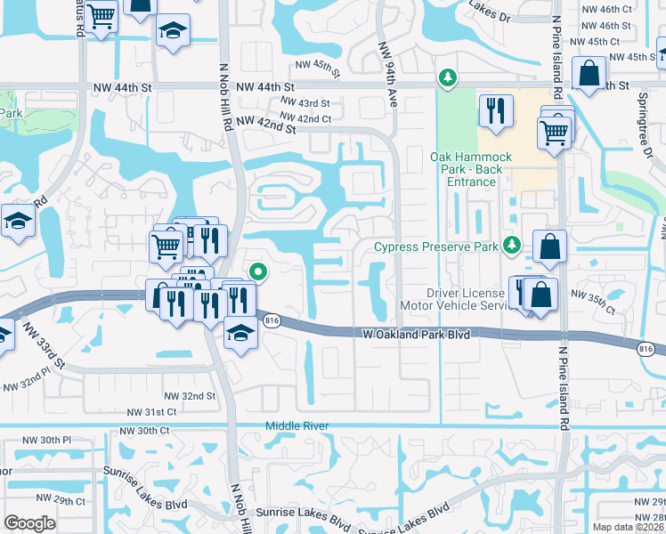 map of restaurants, bars, coffee shops, grocery stores, and more near 3581 Northwest 95th Terrace in Sunrise