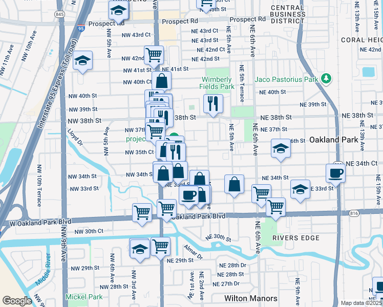 map of restaurants, bars, coffee shops, grocery stores, and more near 211 Northeast 35th Street in Oakland Park