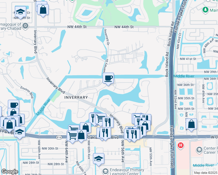 map of restaurants, bars, coffee shops, grocery stores, and more near 3760 Inverrary Drive in Lauderhill