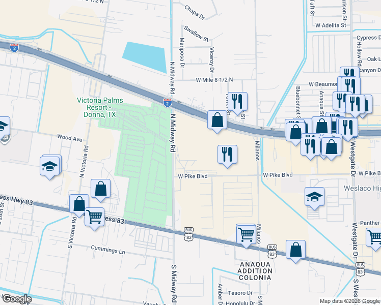 map of restaurants, bars, coffee shops, grocery stores, and more near 3209 West Expressway 83 in Weslaco