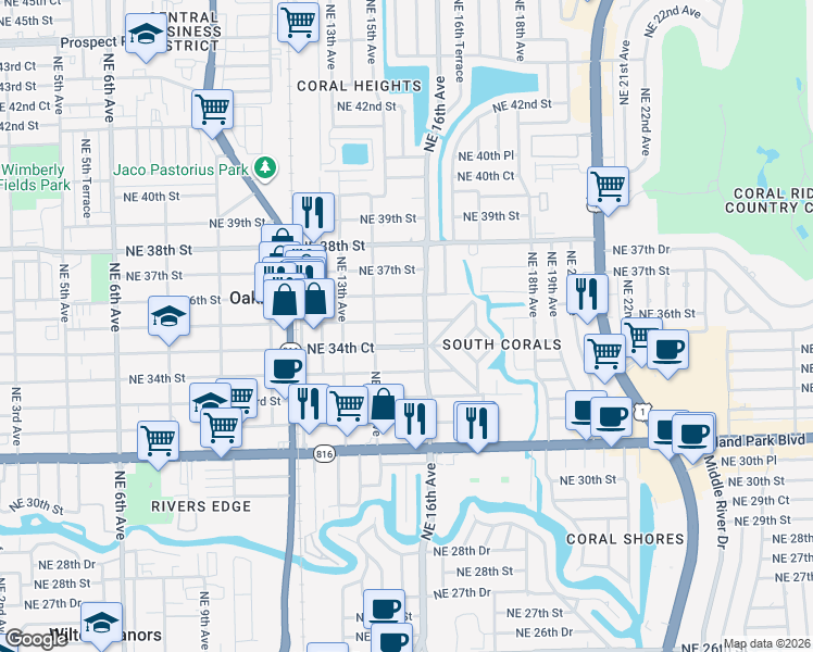 map of restaurants, bars, coffee shops, grocery stores, and more near 1574 Northeast 36th Street in Oakland Park