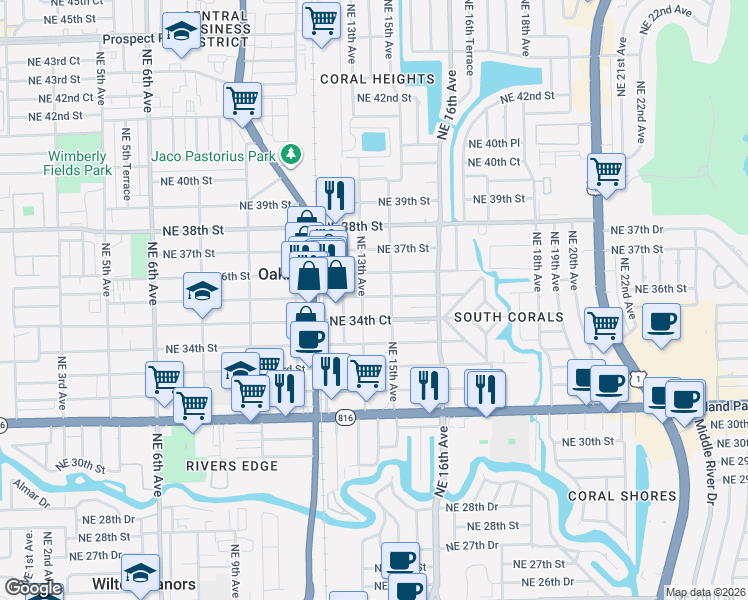 map of restaurants, bars, coffee shops, grocery stores, and more near 3561 Northeast 15th Avenue in Oakland Park
