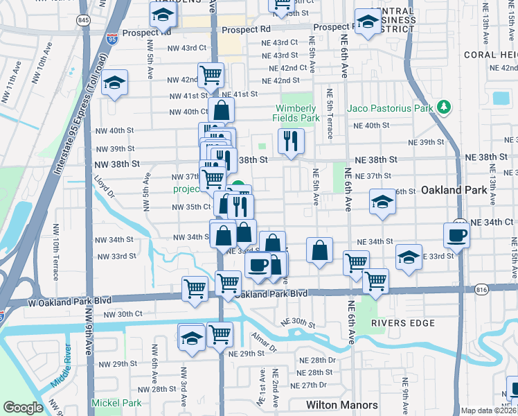 map of restaurants, bars, coffee shops, grocery stores, and more near 231 Northeast 35th Court in Oakland Park