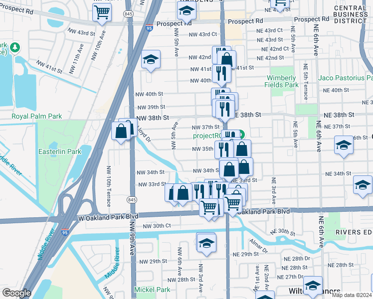 map of restaurants, bars, coffee shops, grocery stores, and more near 340 Northwest 36th Street in Oakland Park