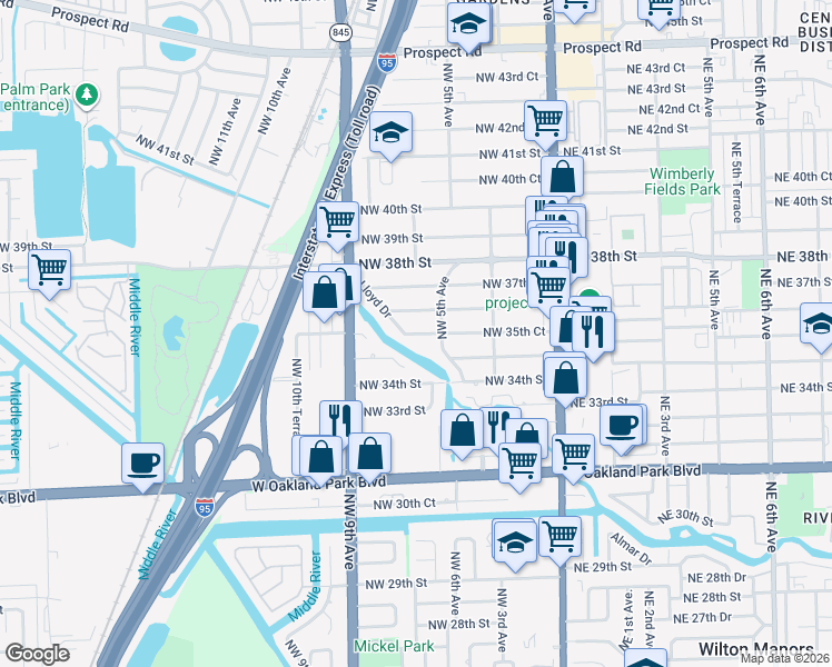 map of restaurants, bars, coffee shops, grocery stores, and more near 760 Northwest 36th Street in Oakland Park