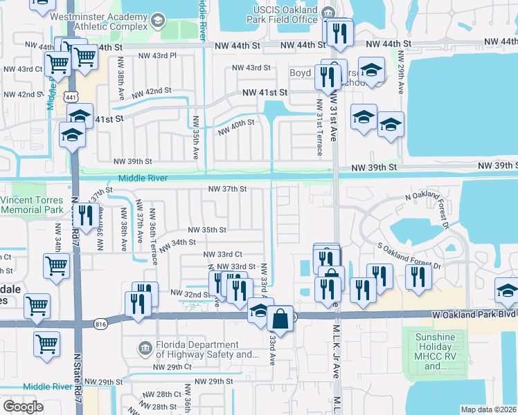 map of restaurants, bars, coffee shops, grocery stores, and more near 3630 Northwest 33rd Avenue in Lauderdale Lakes
