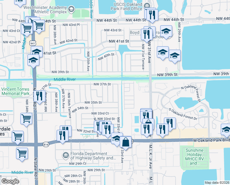 map of restaurants, bars, coffee shops, grocery stores, and more near 3630 Northwest 33rd Avenue in Lauderdale Lakes
