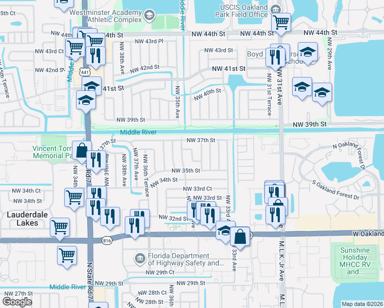 map of restaurants, bars, coffee shops, grocery stores, and more near 3470 Northwest 37th Street in Lauderdale Lakes