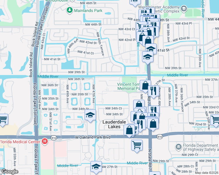map of restaurants, bars, coffee shops, grocery stores, and more near 4518 Northwest 36th Court in Lauderdale Lakes