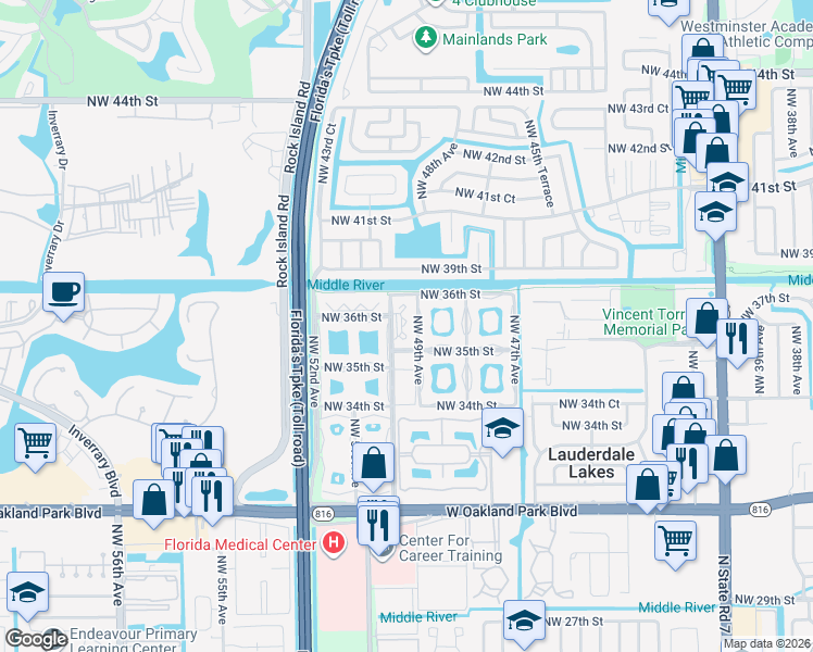 map of restaurants, bars, coffee shops, grocery stores, and more near 3540 Northwest 50th Avenue in Lauderdale Lakes