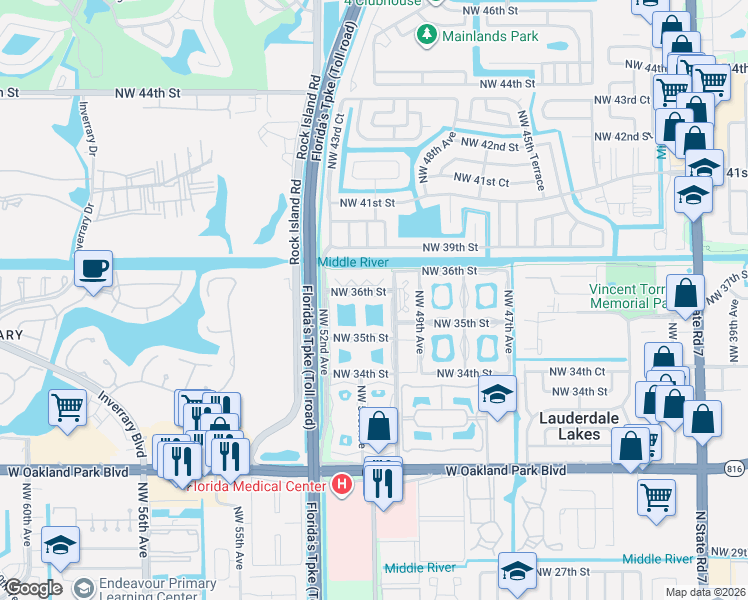 map of restaurants, bars, coffee shops, grocery stores, and more near 5025 Northwest 36th Street in Lauderdale Lakes