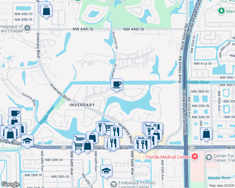 map of restaurants, bars, coffee shops, grocery stores, and more near 3760 Inverrary Drive in Lauderhill