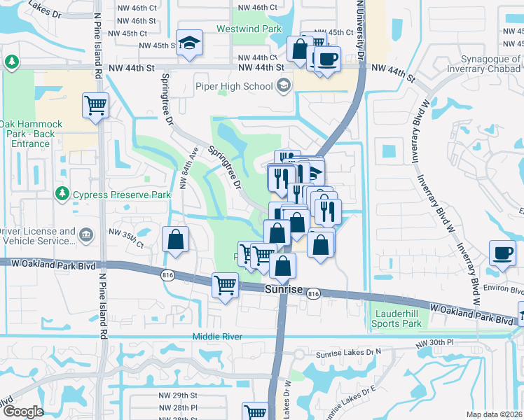 map of restaurants, bars, coffee shops, grocery stores, and more near 8350 Springtree Drive in Sunrise
