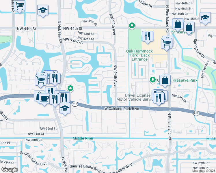 map of restaurants, bars, coffee shops, grocery stores, and more near 3674 Northwest 95th Terrace in Sunrise