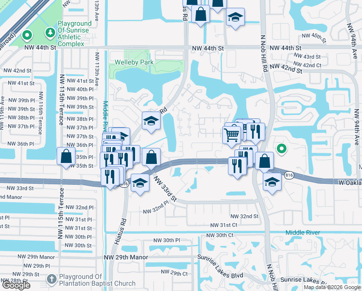 map of restaurants, bars, coffee shops, grocery stores, and more near 3705 Northwest 107th Way in Sunrise