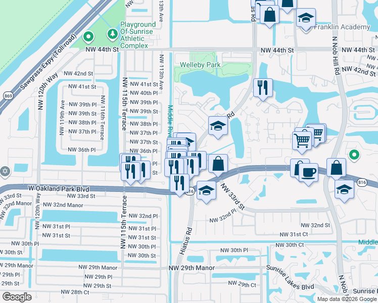 map of restaurants, bars, coffee shops, grocery stores, and more near 11114 Northwest 36th Street in Sunrise