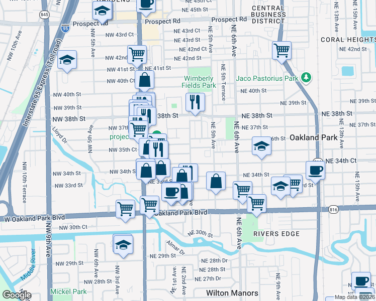 map of restaurants, bars, coffee shops, grocery stores, and more near 299 Northeast 35th Street in Oakland Park