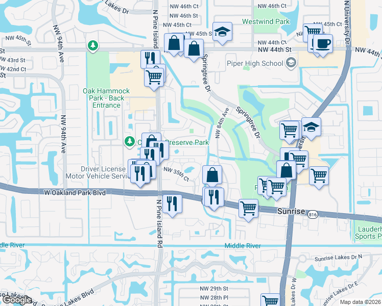 map of restaurants, bars, coffee shops, grocery stores, and more near 581 Northwest 37th Street in Sunrise